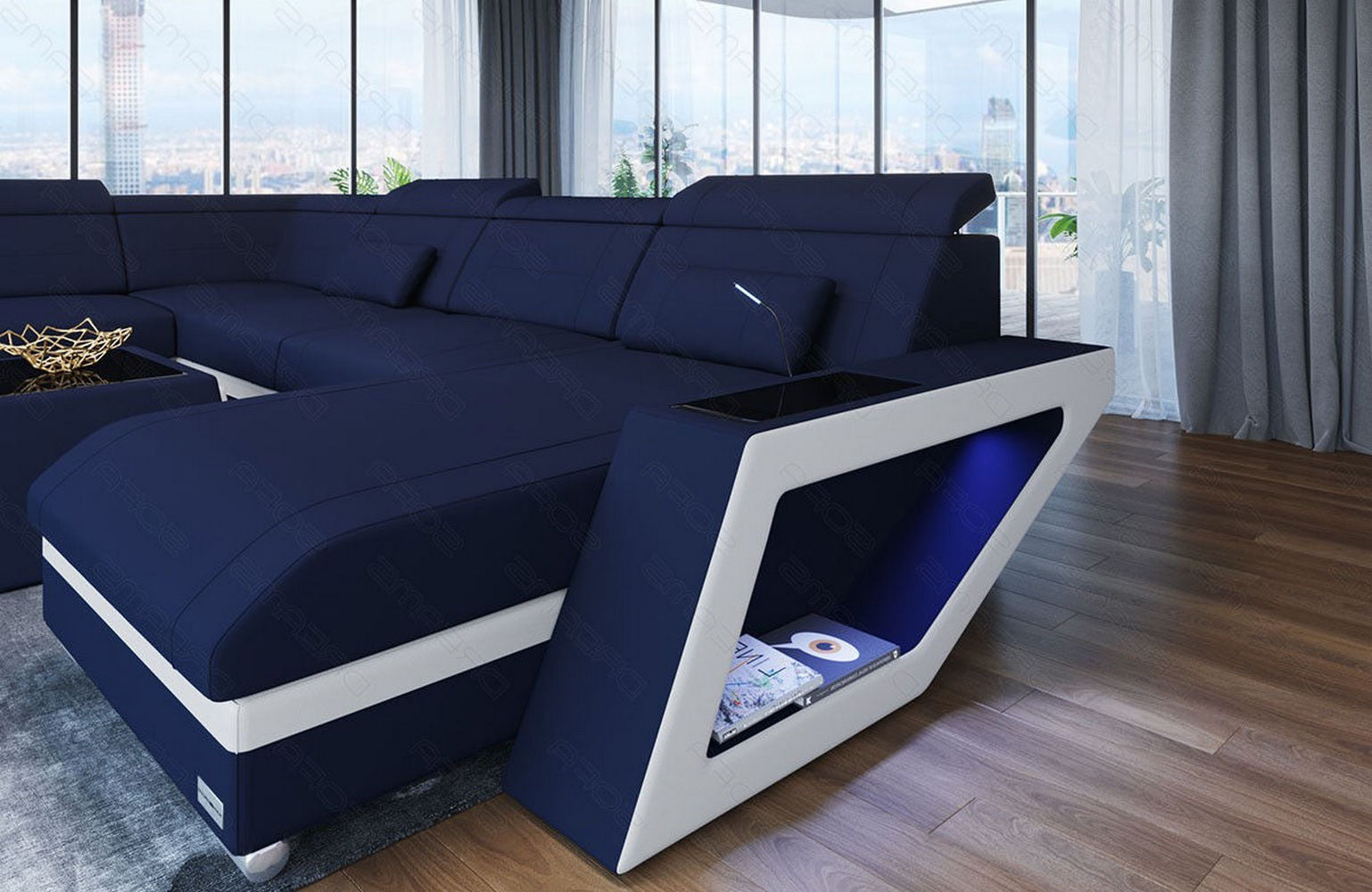 Stoff Wohnlandschaft Catania – Modern & Bequem Dunkelblau-Weiß