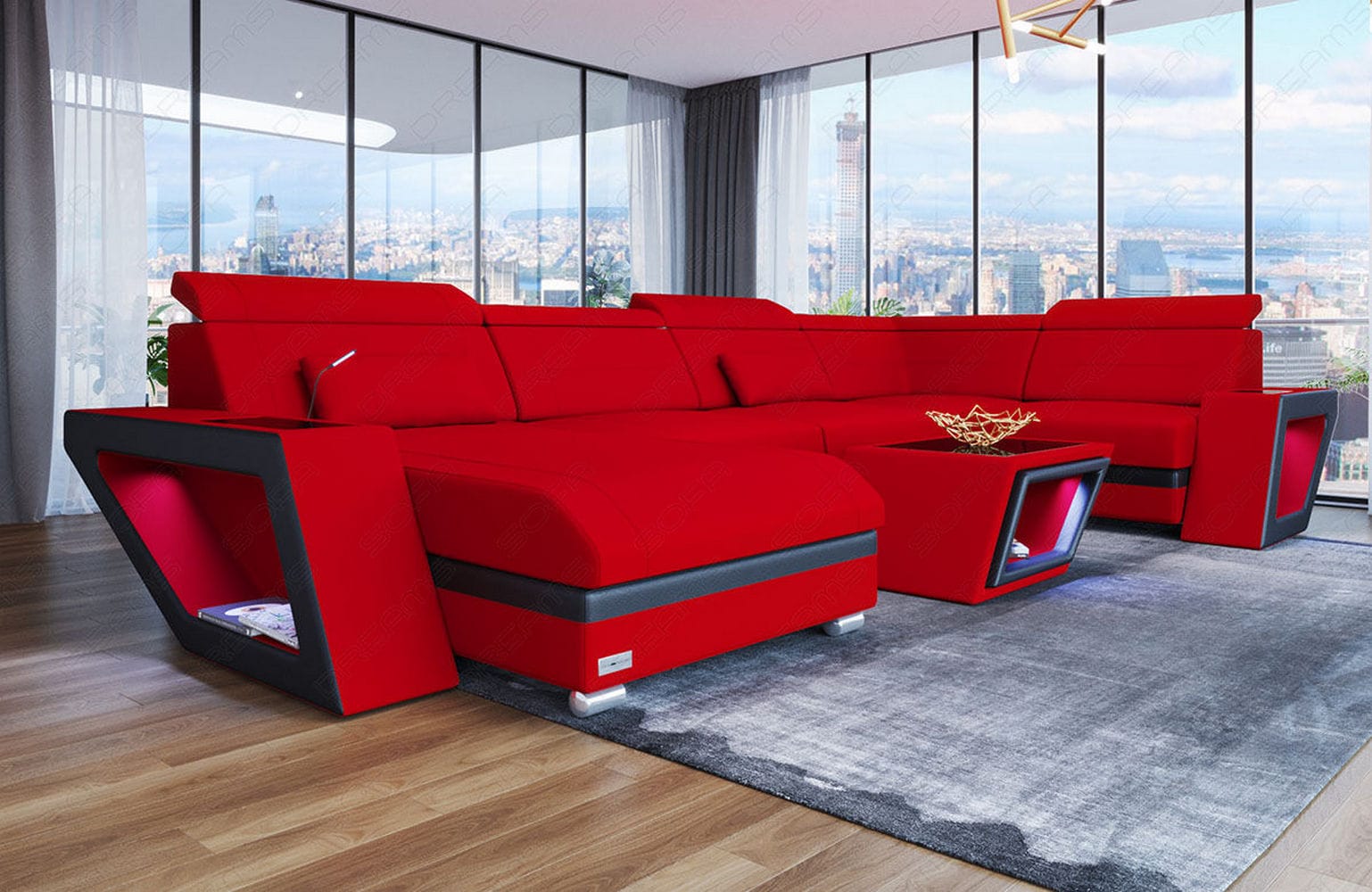 Stoff Wohnlandschaft Catania – Modern & Bequem Rot-Schwarz