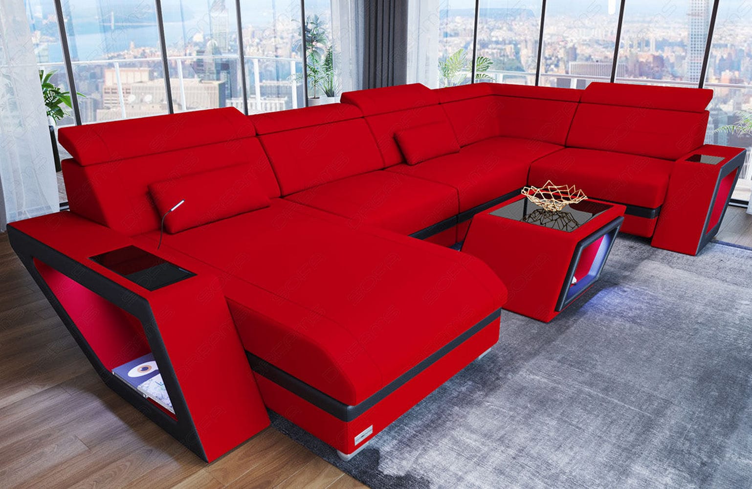 Stoff Wohnlandschaft Catania – Modern & Bequem Rot-Schwarz