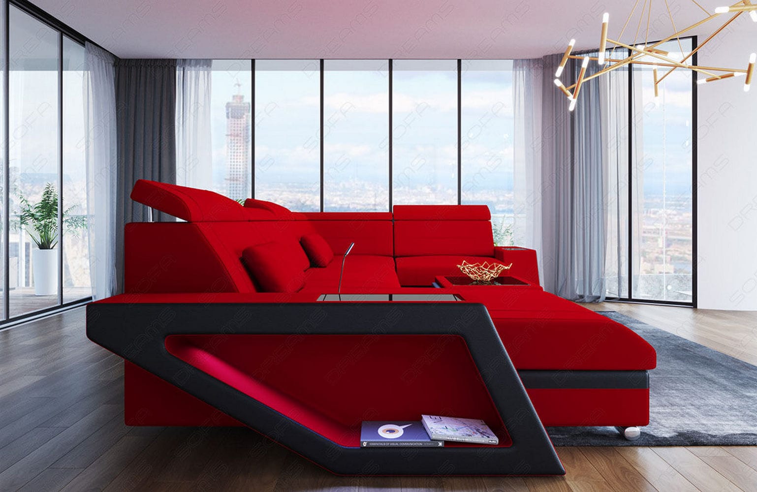 Stoff Wohnlandschaft Catania – Modern & Bequem Rot-Schwarz