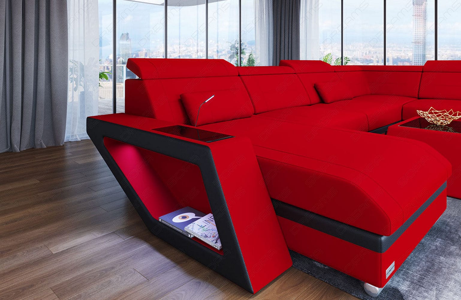 Stoff Wohnlandschaft Catania – Modern & Bequem Rot-Schwarz
