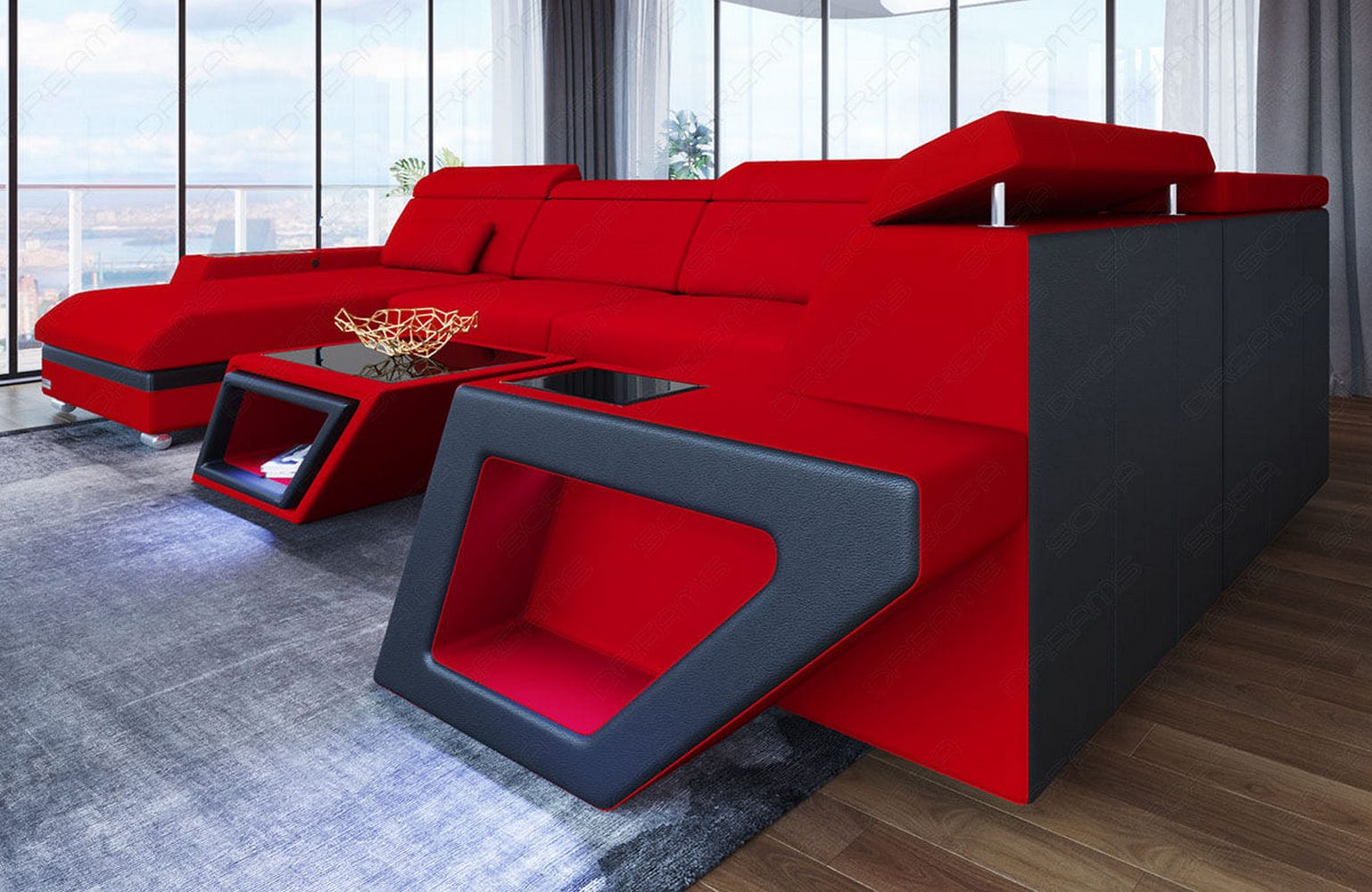 Stoff Wohnlandschaft Catania – Modern & Bequem Rot-Schwarz