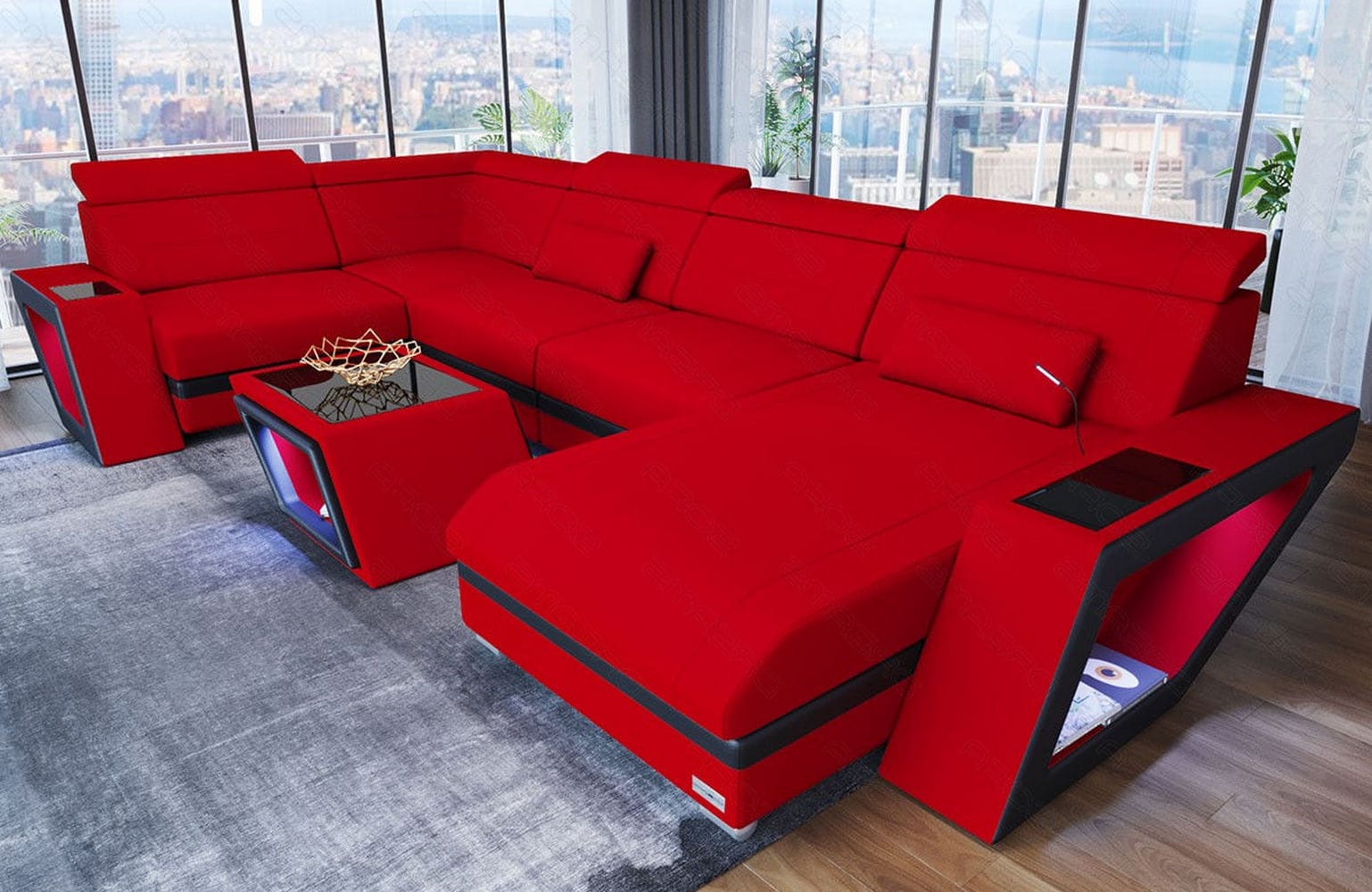 Stoff Wohnlandschaft Catania – Modern & Bequem Rot-Schwarz