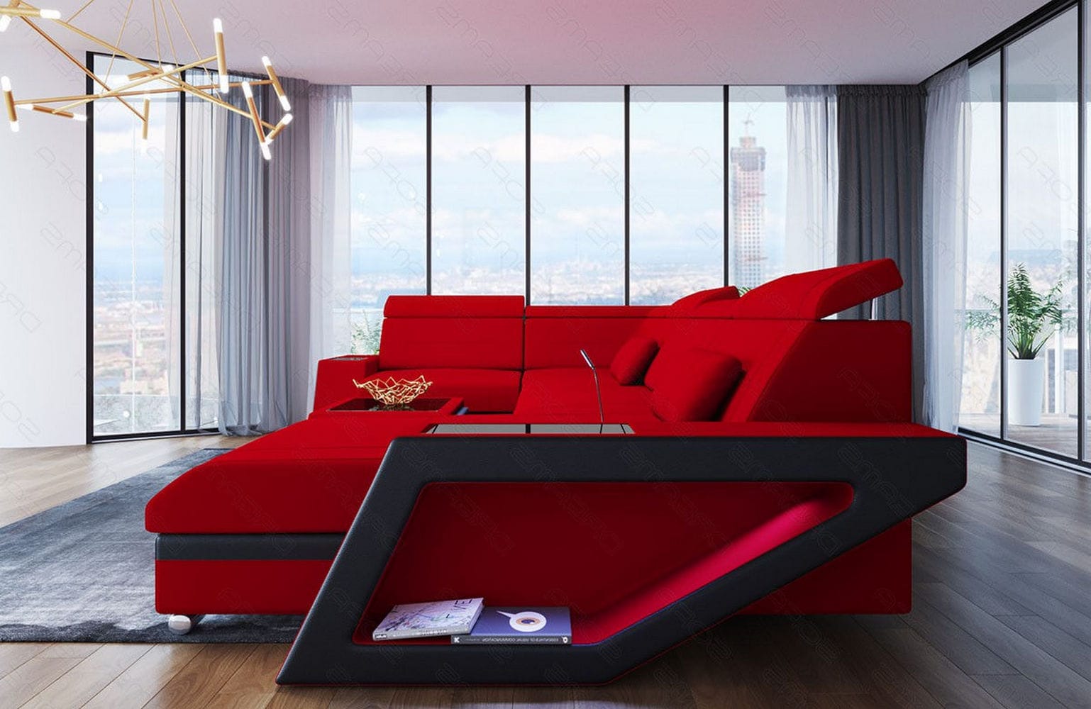 Stoff Wohnlandschaft Catania – Modern & Bequem Rot-Schwarz