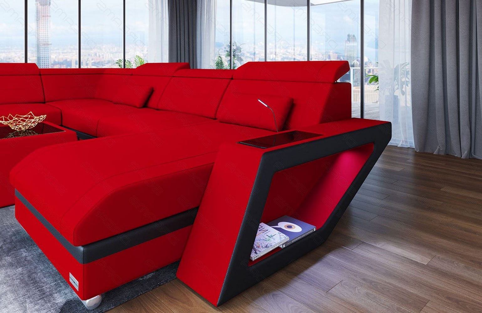Stoff Wohnlandschaft Catania – Modern & Bequem Rot-Schwarz