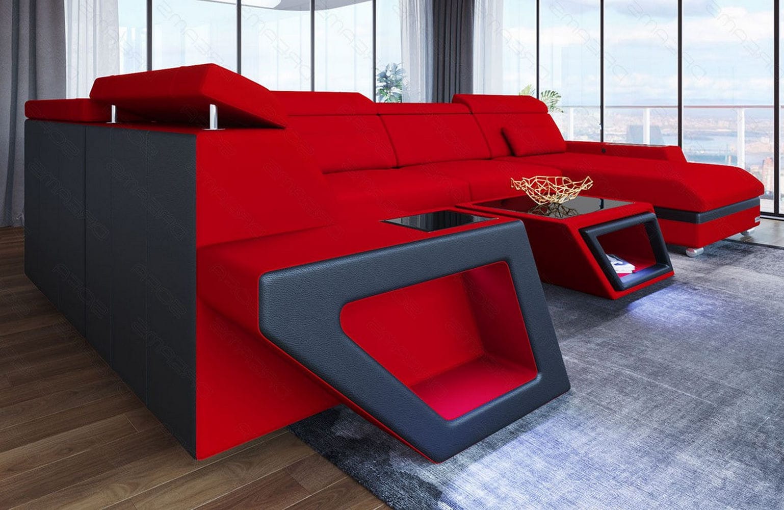 Stoff Wohnlandschaft Catania – Modern & Bequem Rot-Schwarz