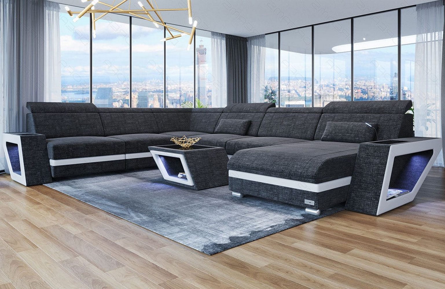 XXL Stoff Wohnlandschaft Catania – Bequem & Geräumig Schwarzgrau-Weiß