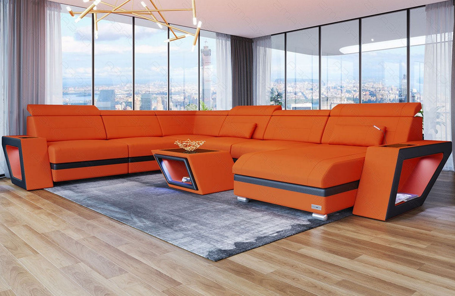 XXL Stoff Wohnlandschaft Catania – Bequem & Geräumig Orange-Schwarz