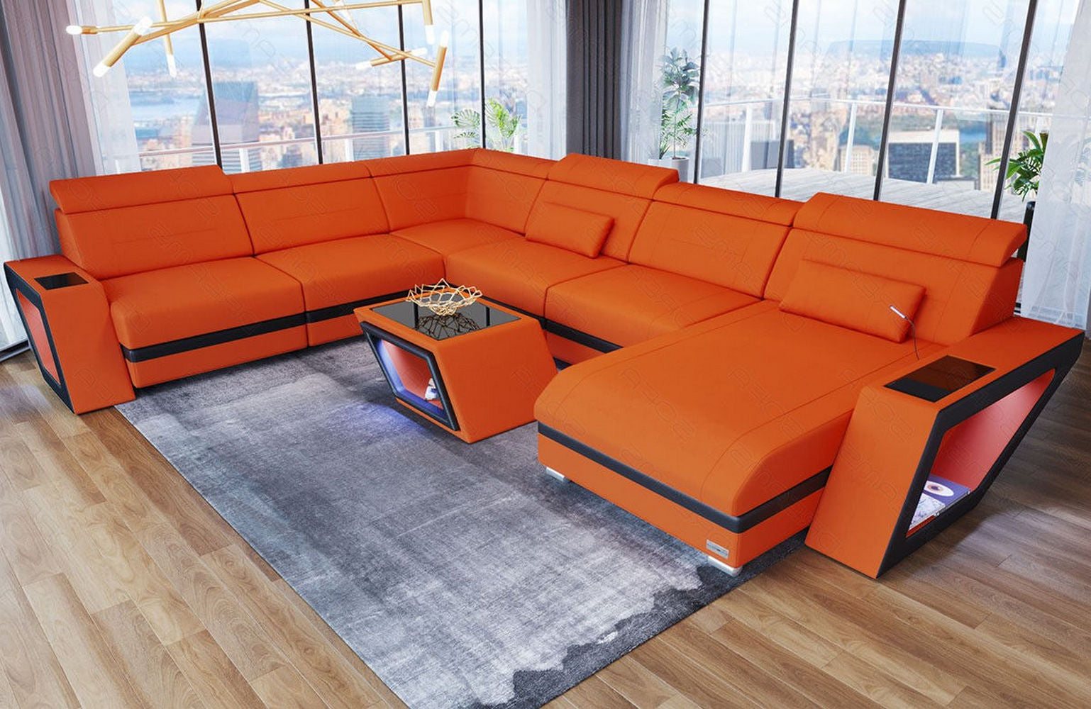 XXL Stoff Wohnlandschaft Catania – Bequem & Geräumig Orange-Schwarz
