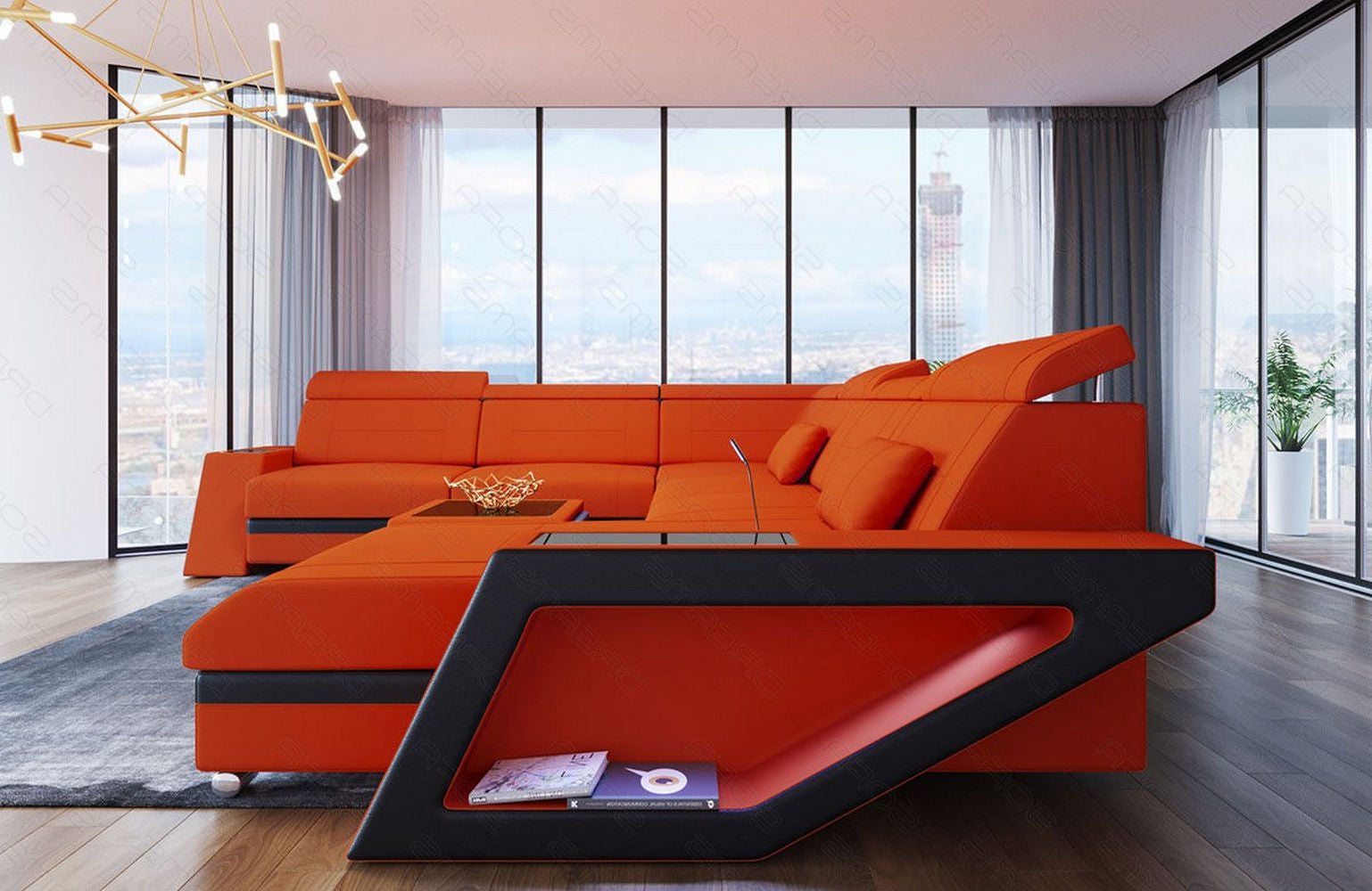 XXL Stoff Wohnlandschaft Catania – Bequem & Geräumig Orange-Schwarz