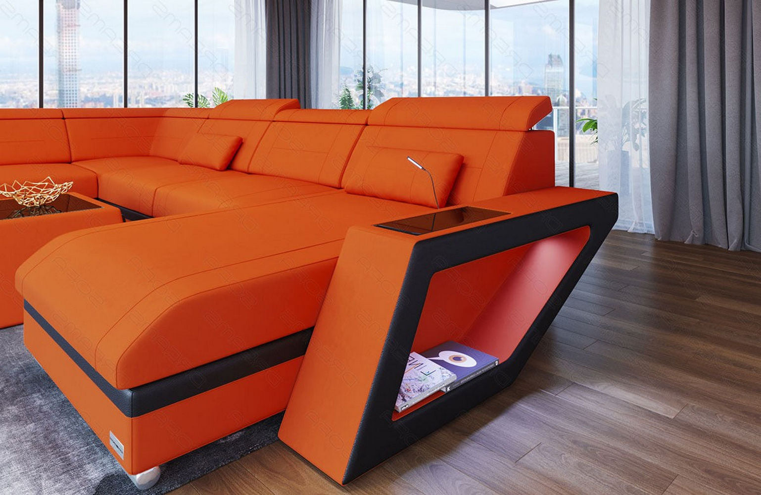 XXL Stoff Wohnlandschaft Catania – Bequem & Geräumig Orange-Schwarz
