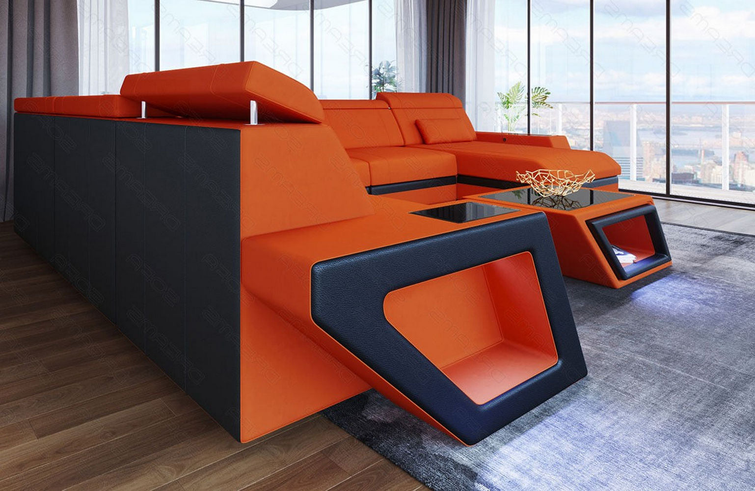 XXL Stoff Wohnlandschaft Catania – Bequem & Geräumig Orange-Schwarz
