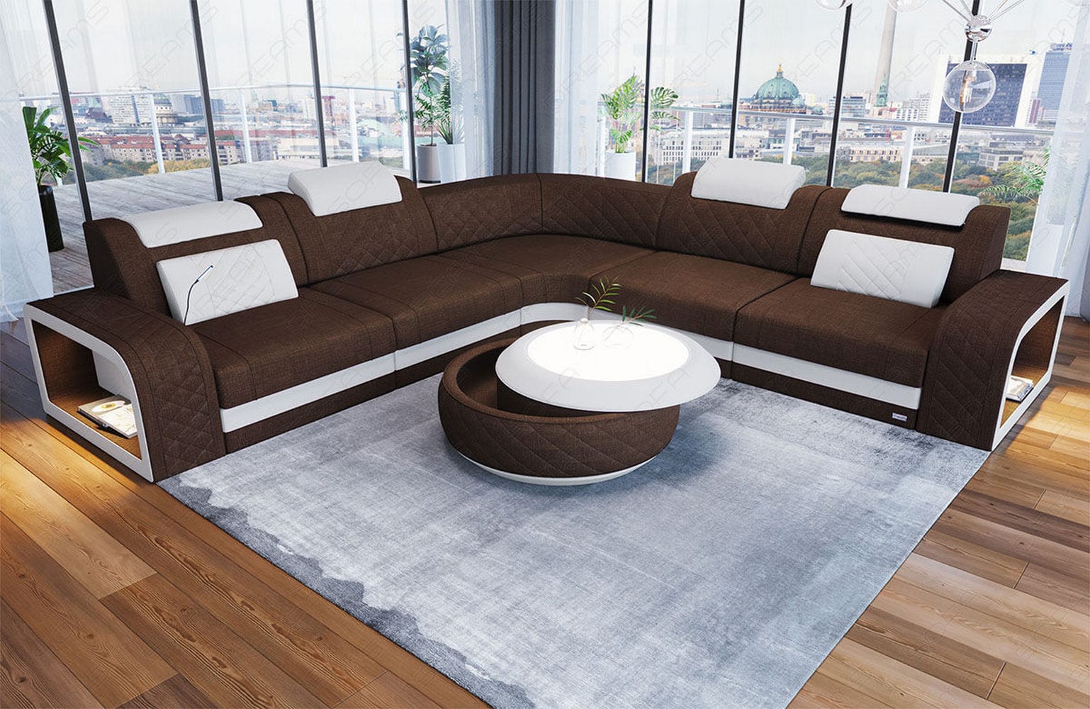 Stoff Ecksofa Foggia L Form braun-weiß