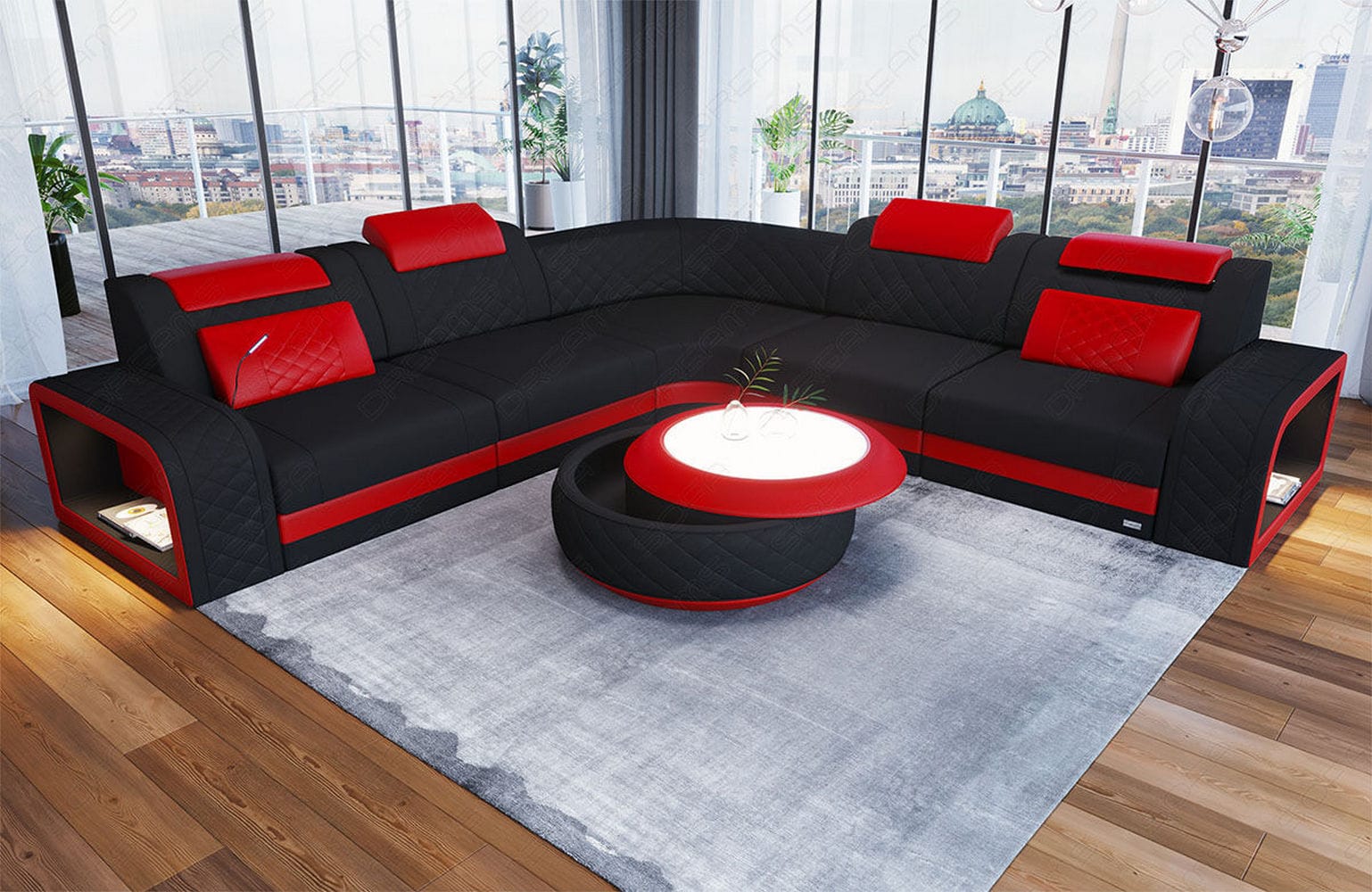 Stoff Ecksofa Foggia L-Form Schwarz-Rot