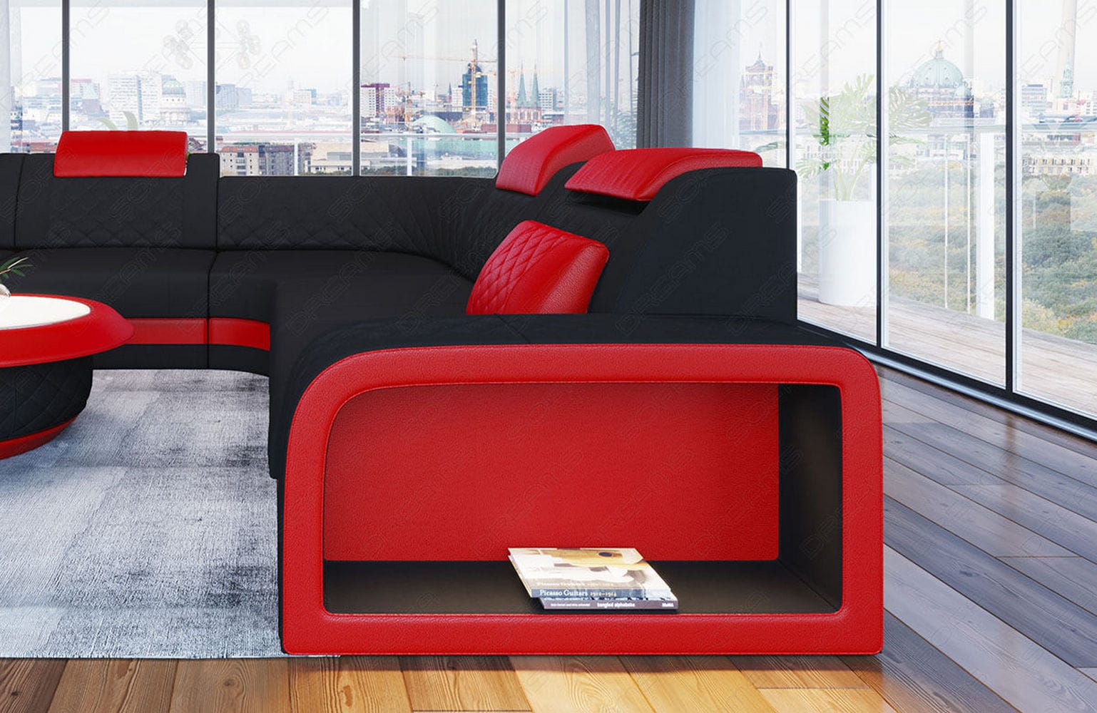 Stoff Ecksofa Foggia L-Form Schwarz-Rot