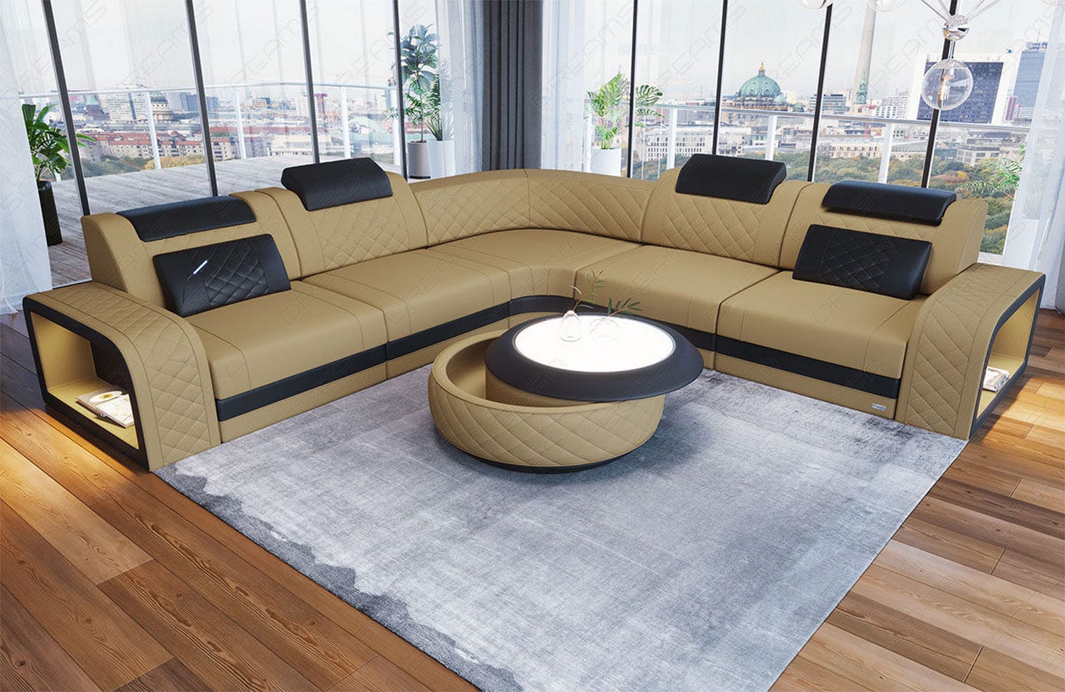 Stoff Ecksofa Foggia L-Form Beige-Schwarz