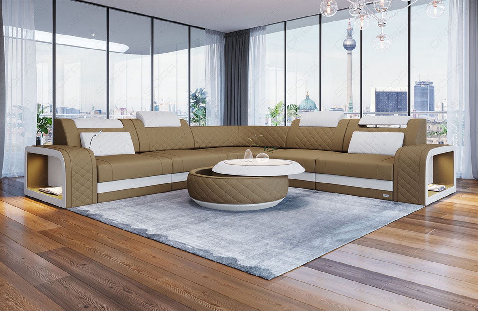 Stoff Ecksofa Foggia L-Form Cappuccino-Weiß