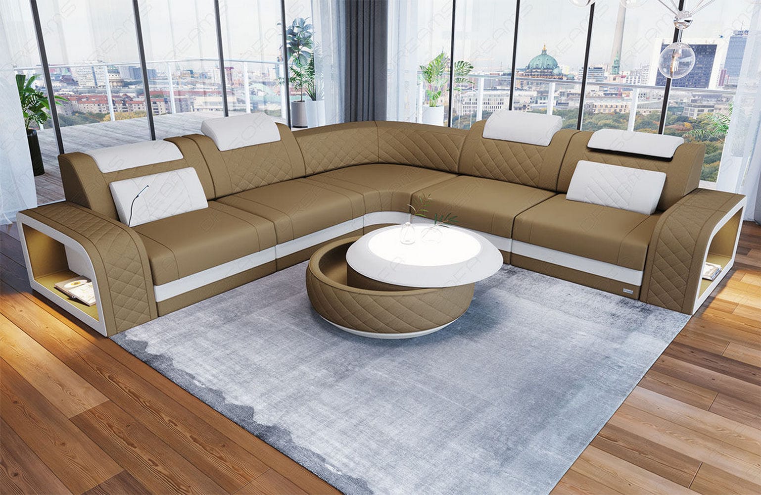 Stoff Ecksofa Foggia L-Form Cappuccino-Weiß