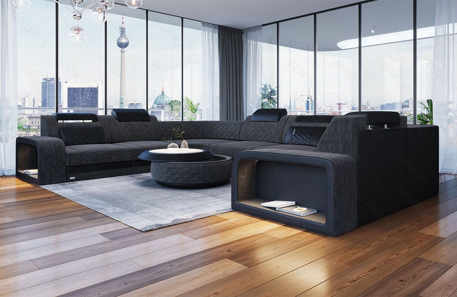 Stoff Wohnlandschaft Foggia U-Form Schwarzgrau-Schwarz