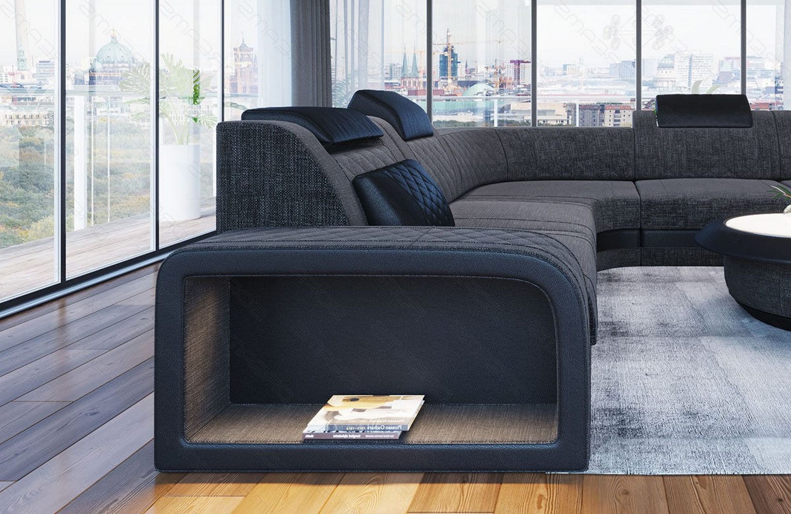 Stoff Wohnlandschaft Foggia U-Form Schwarzgrau-Schwarz