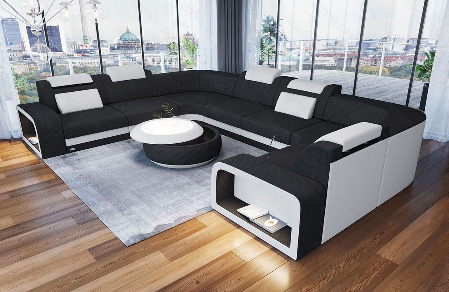 Stoff Wohnlandschaft Foggia U-Form Schwarz-Weiß