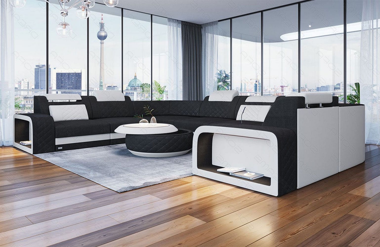 Stoff Wohnlandschaft Foggia U-Form Schwarz-Weiß