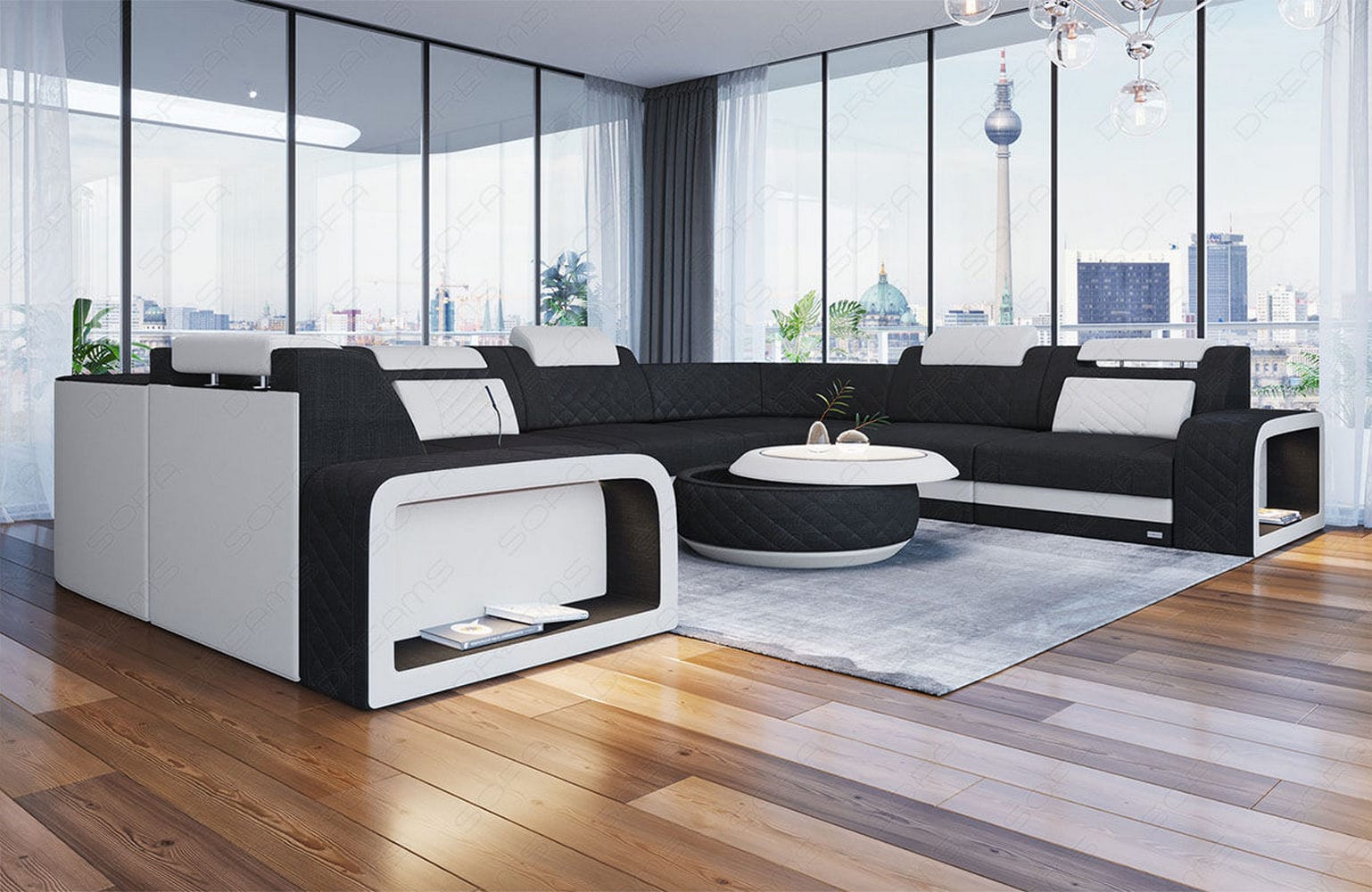 Stoff Wohnlandschaft Foggia U-Form schwarz-weiß