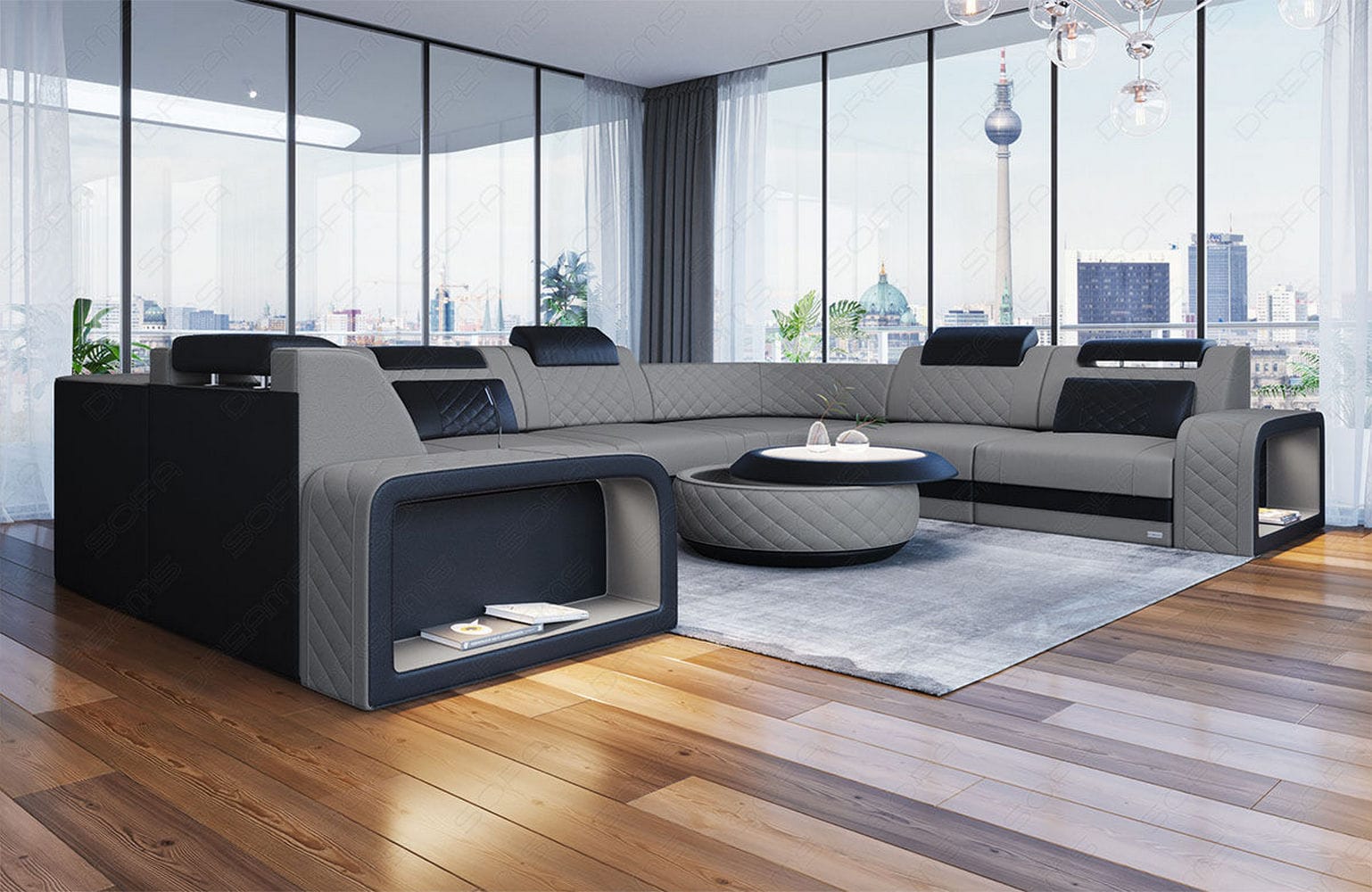 Stoff Wohnlandschaft Foggia U-Form Hellgrau-Schwarz