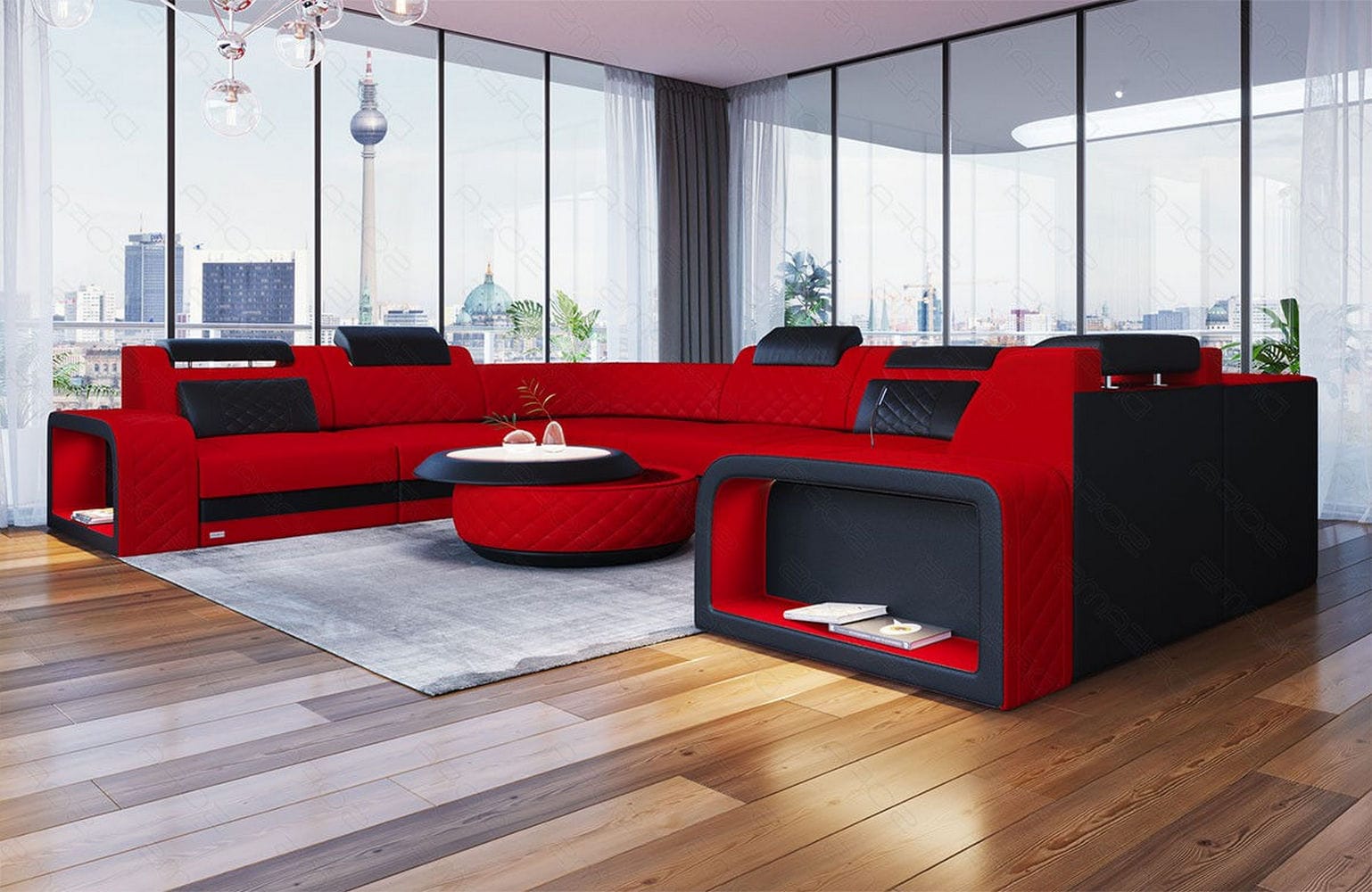 Stoff Wohnlandschaft Foggia U-Form Rot-Schwarz