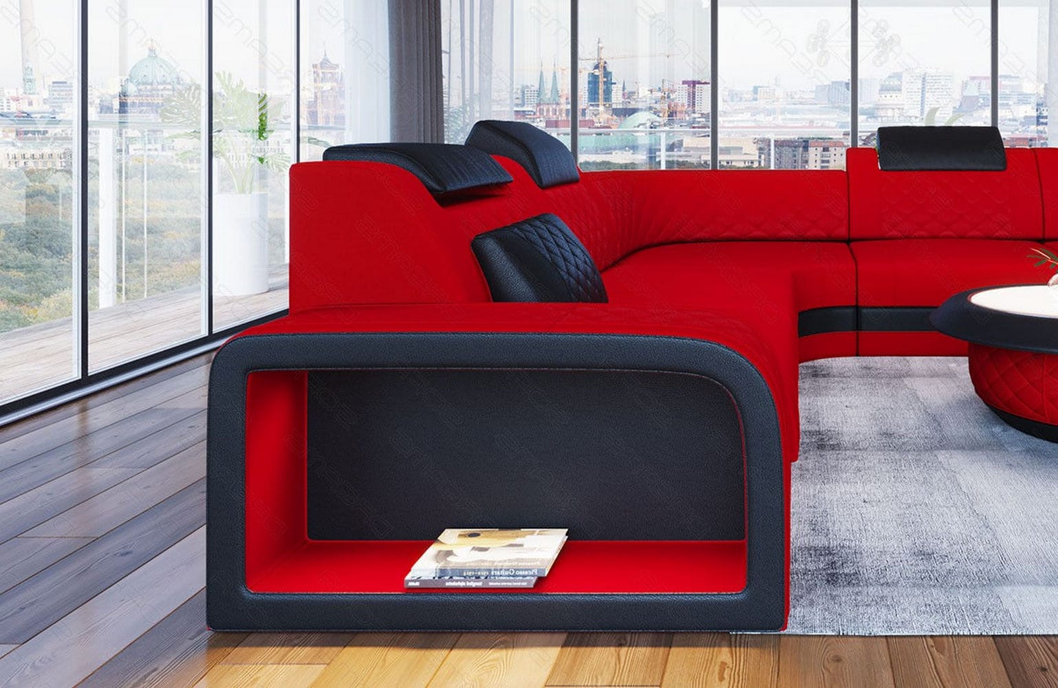 Stoff Wohnlandschaft Foggia U-Form Rot-Schwarz