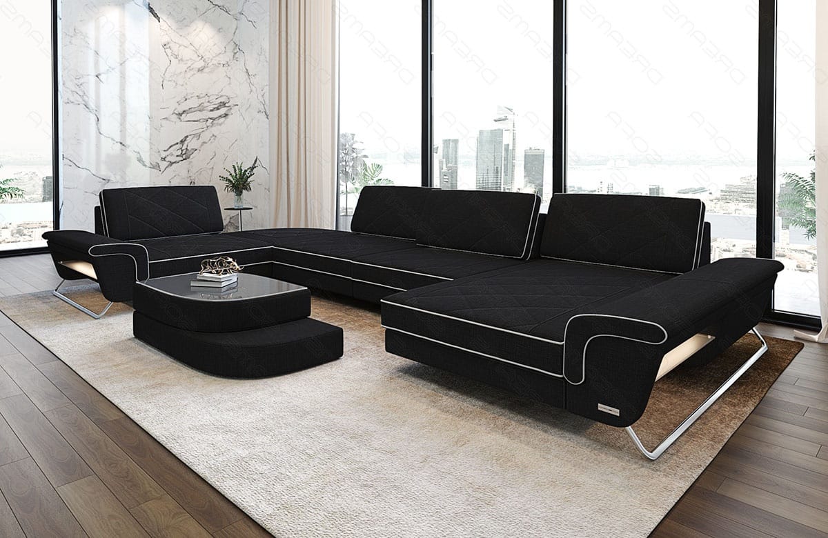 Couchlandschaft Bari U-Form in Stoff Schwarz-Weiß