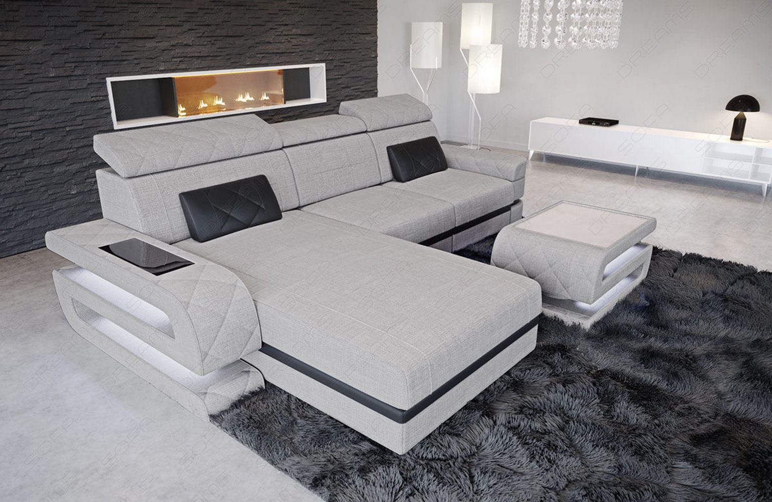 Ecksofa Bologna L-Form aus Stoff Macchiato-Schwarz