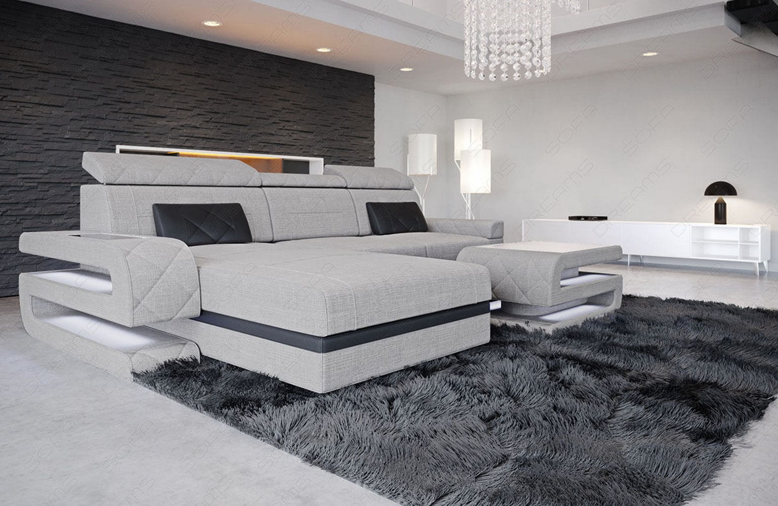 Ecksofa Bologna L-Form aus Stoff Macchiato-Schwarz