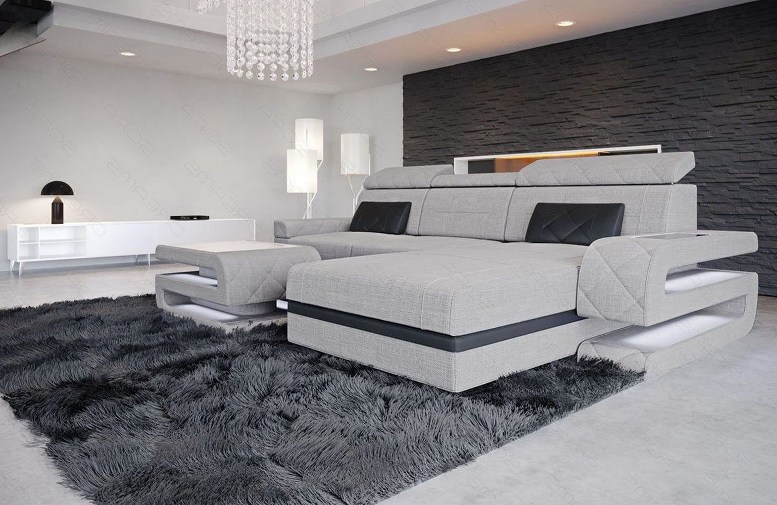 Ecksofa Bologna L-Form aus Stoff macchiato-schwarz