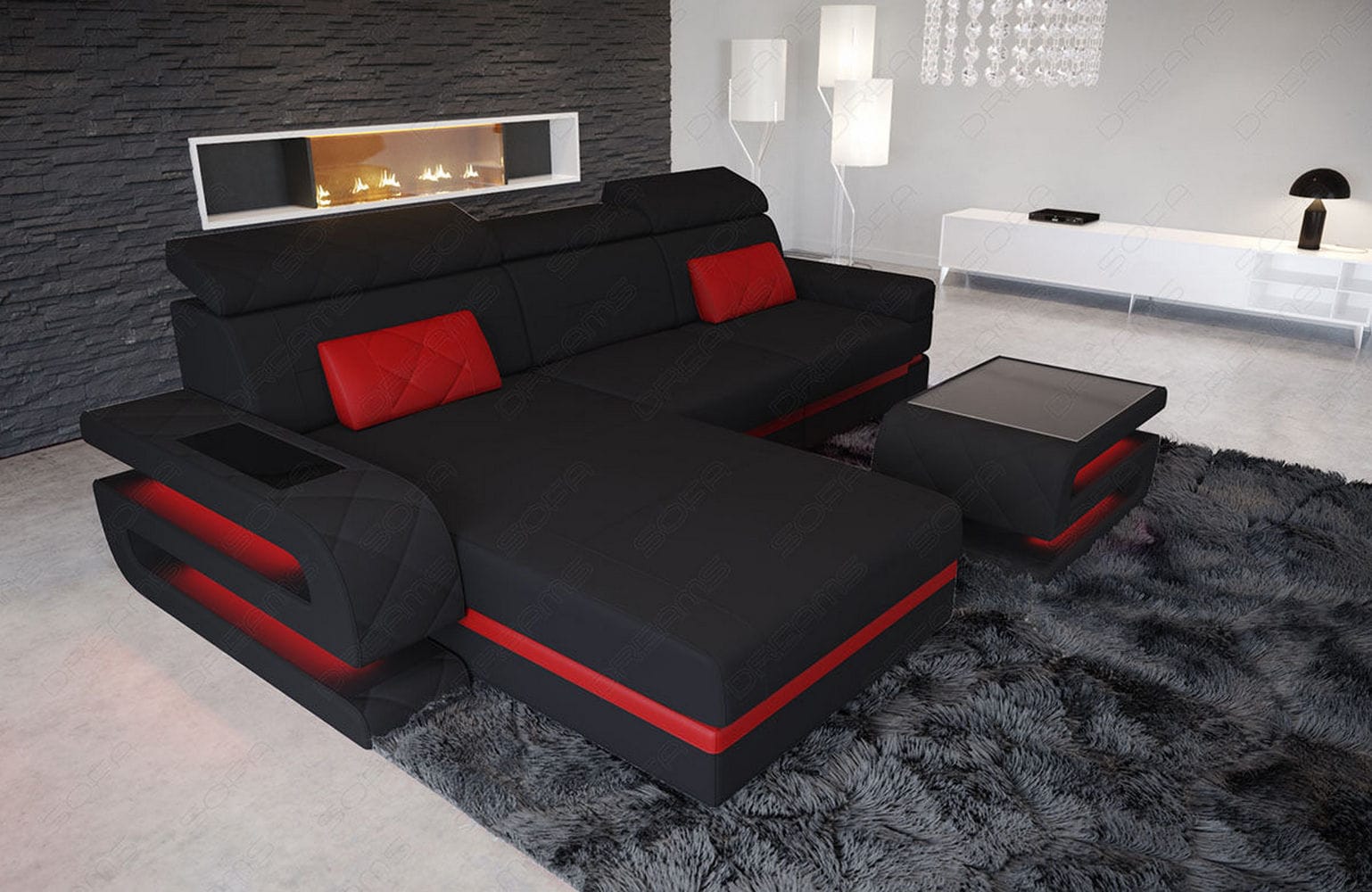 Ecksofa Bologna L Form aus Stoff schwarz-rot