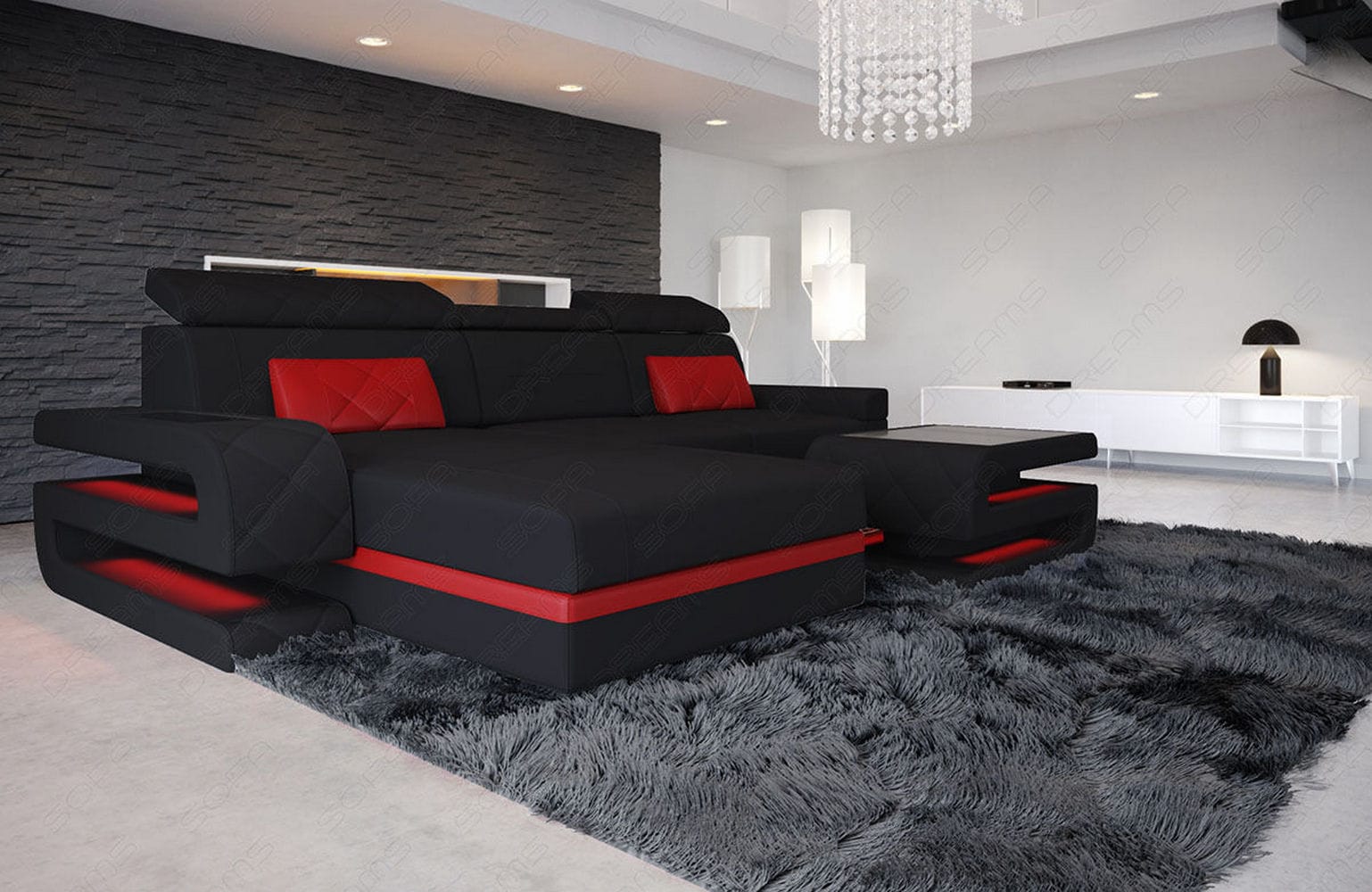 Ecksofa Bologna L Form aus Stoff schwarz-rot