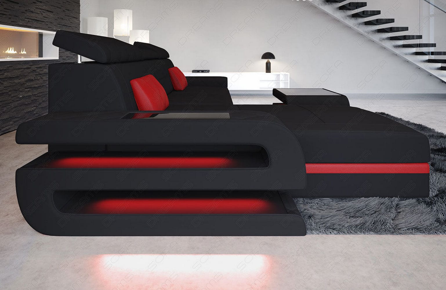 Ecksofa Bologna L Form aus Stoff schwarz-rot