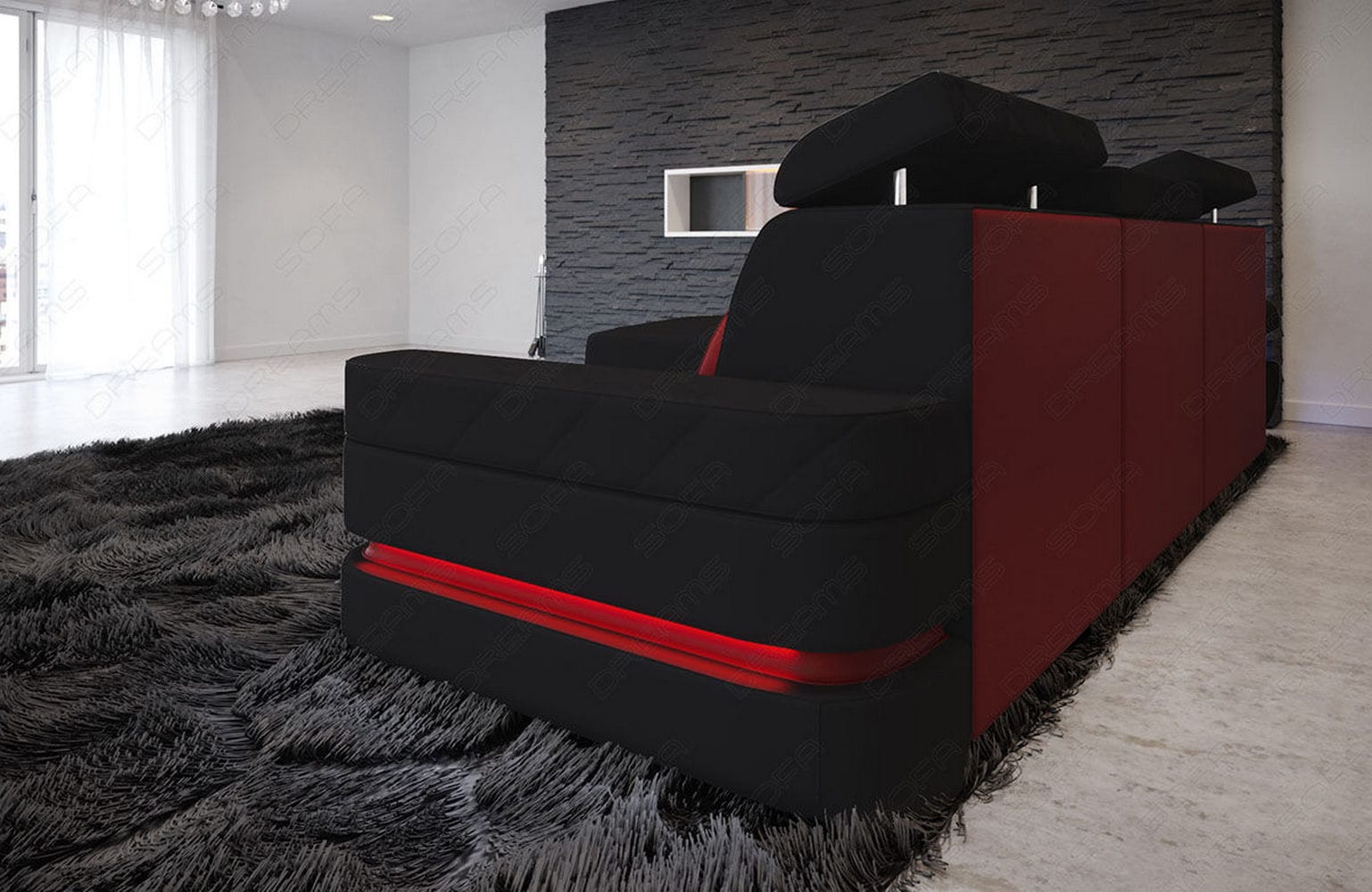 Ecksofa Bologna L Form aus Stoff schwarz-rot