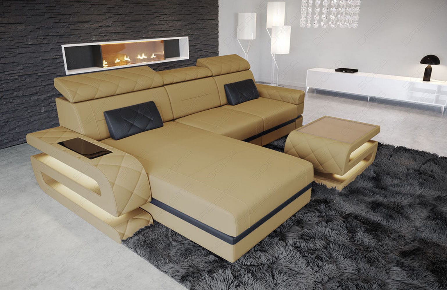 Ecksofa Bologna L-Form aus Stoff Beige-Schwarz