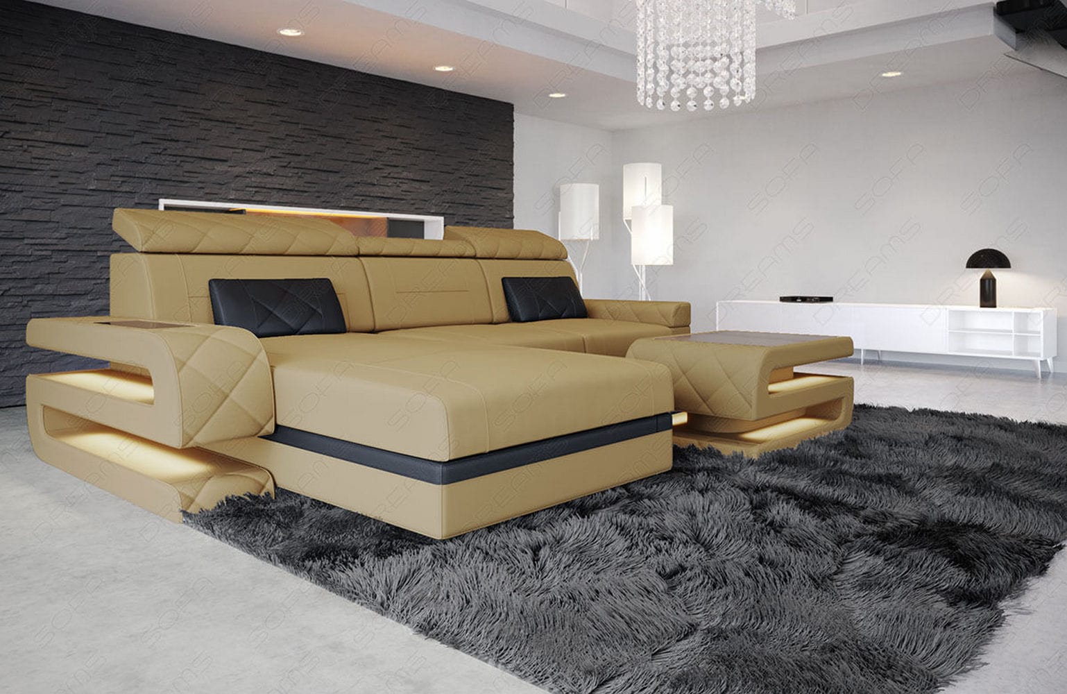 Ecksofa Bologna L-Form aus Stoff Beige-Schwarz