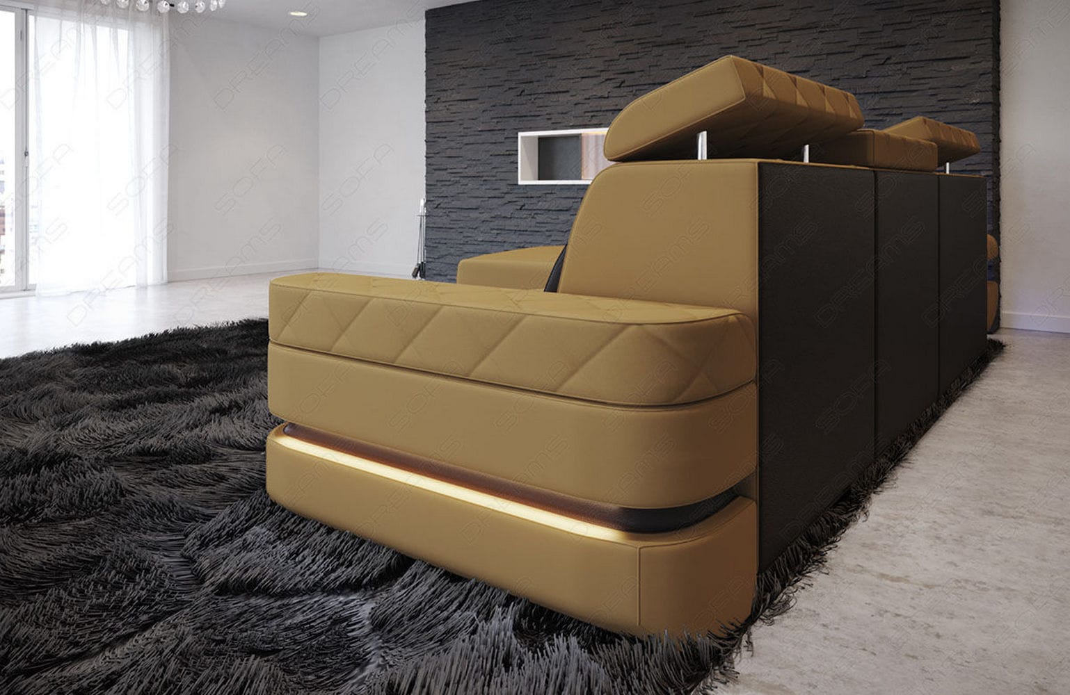 Ecksofa Bologna L-Form aus Stoff Beige-Schwarz