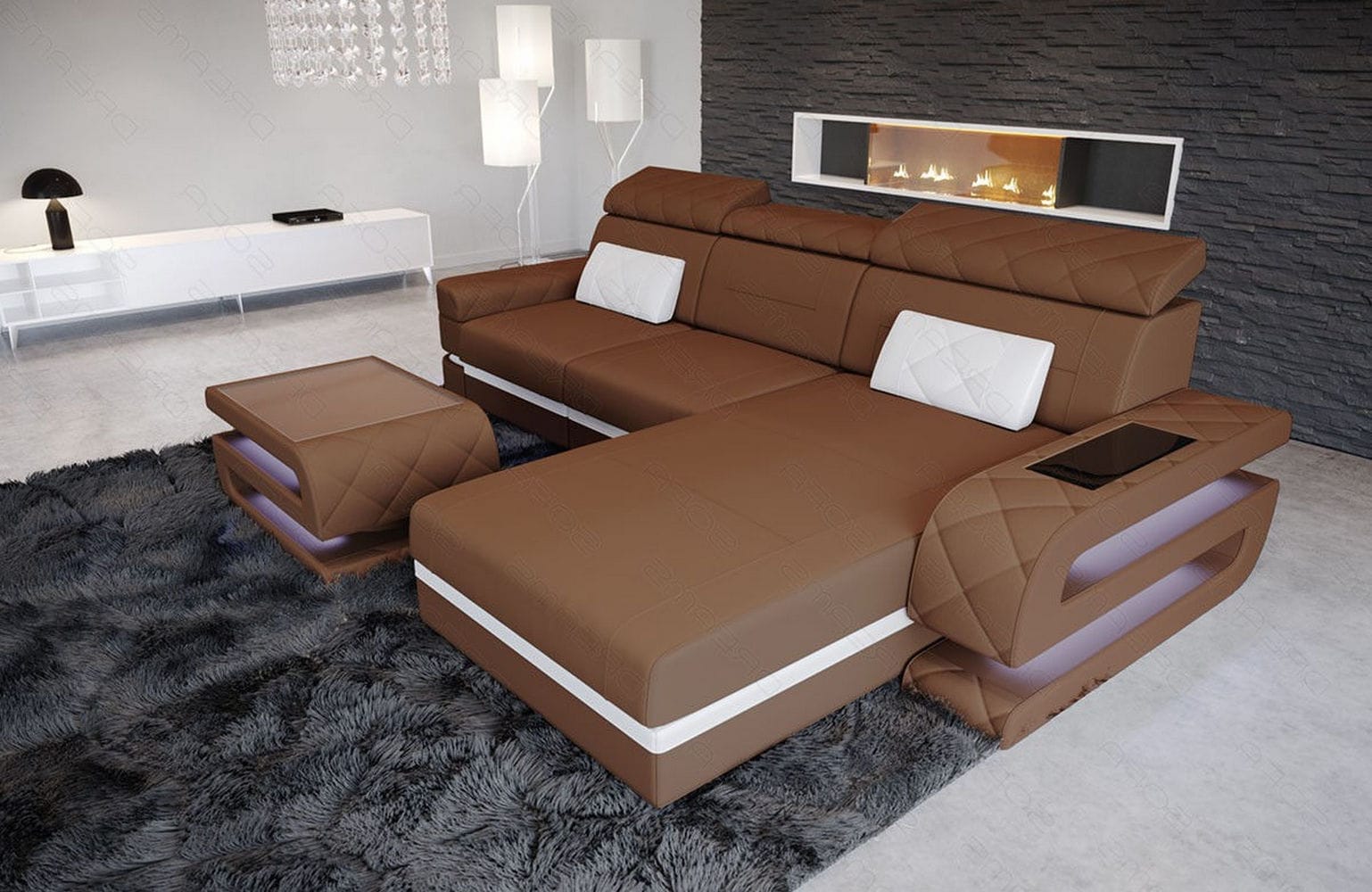 Ecksofa Bologna L-Form aus Stoff Hellbraun-Weiß