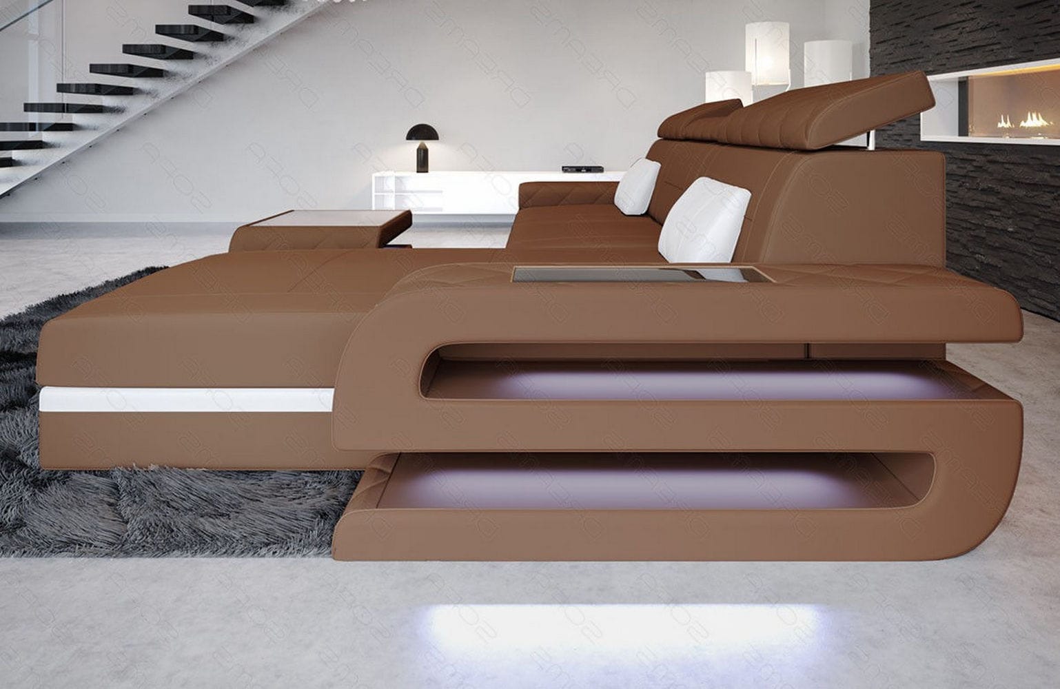 Ecksofa Bologna L-Form aus Stoff Hellbraun-Weiß
