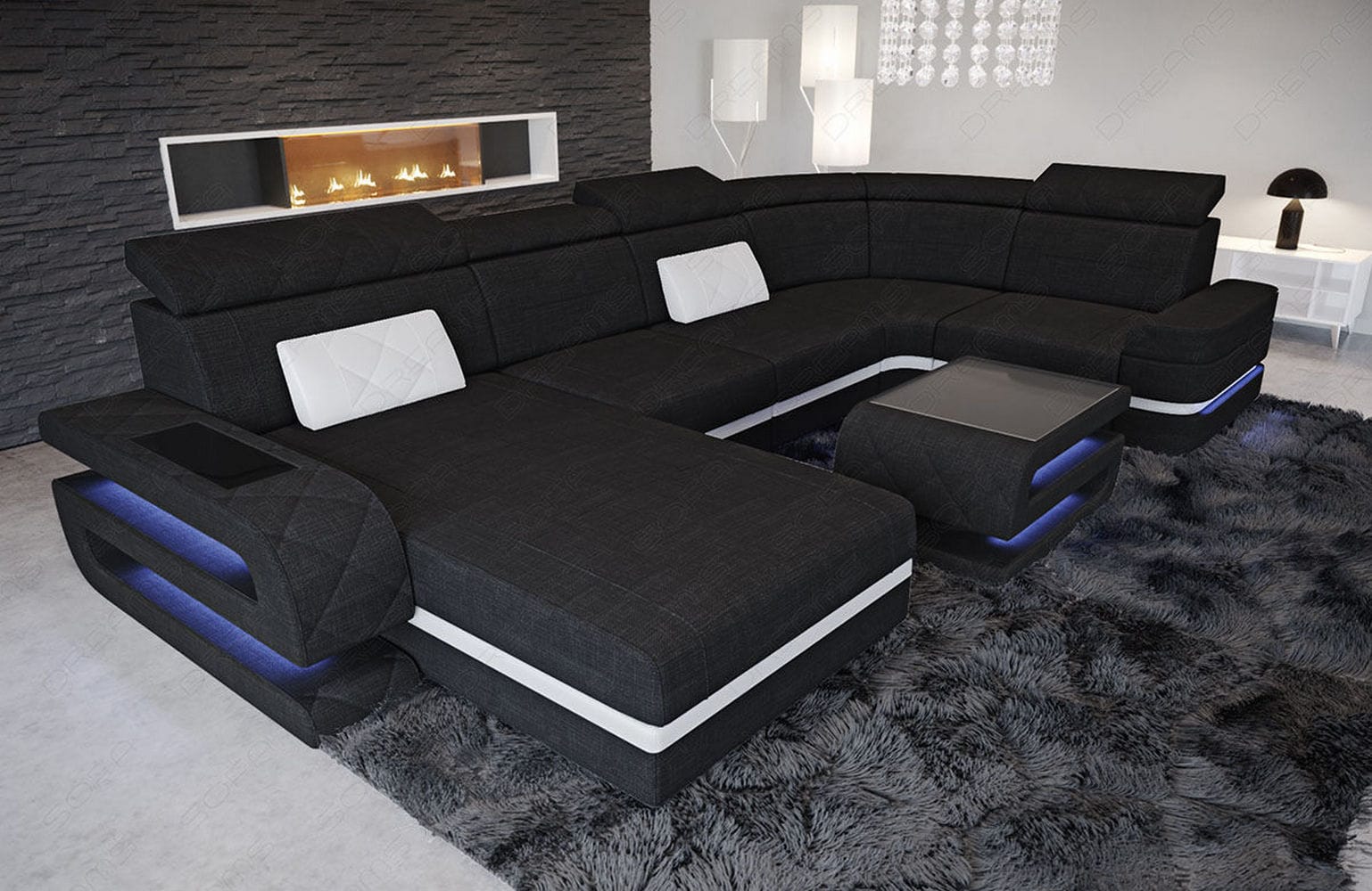 Couchlandschaft Bologna U-Form in Stoff schwarz-weiß
