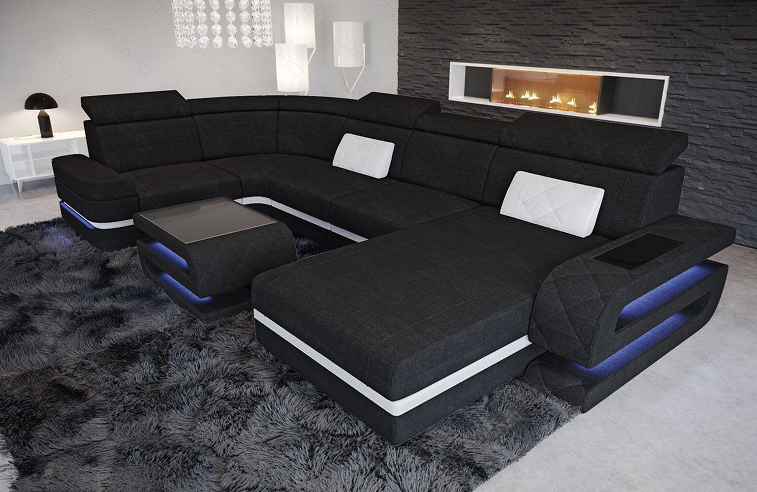 Couchlandschaft Bologna U-Form in Stoff Schwarz-Weiß