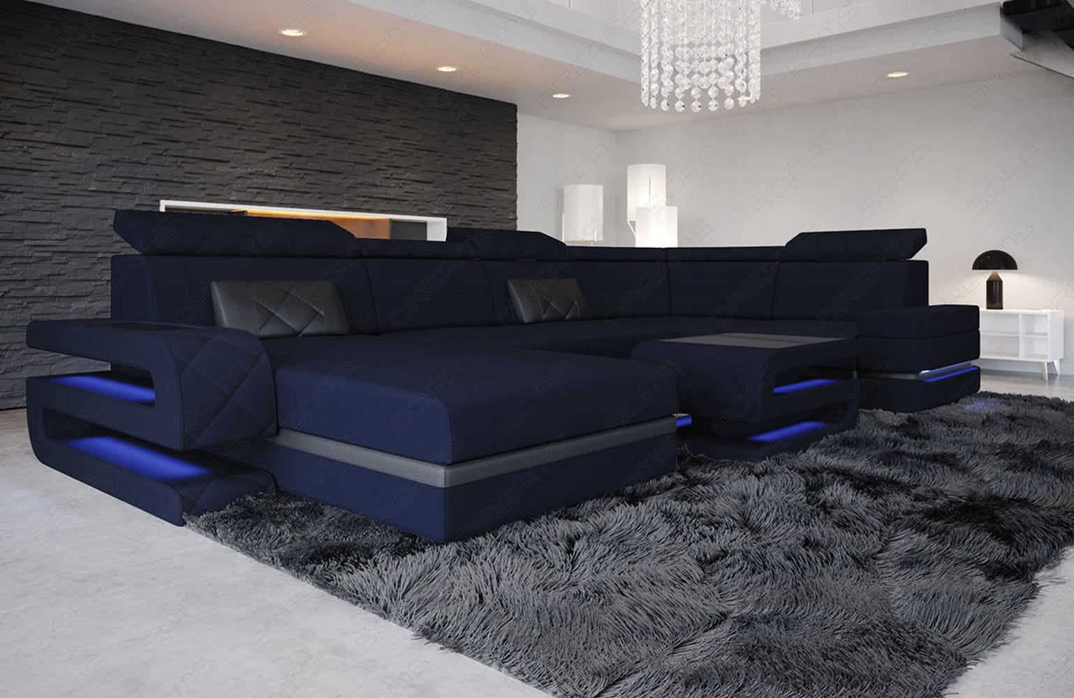 Couchlandschaft Bologna U-Form in Stoff dunkelblau-schwarz