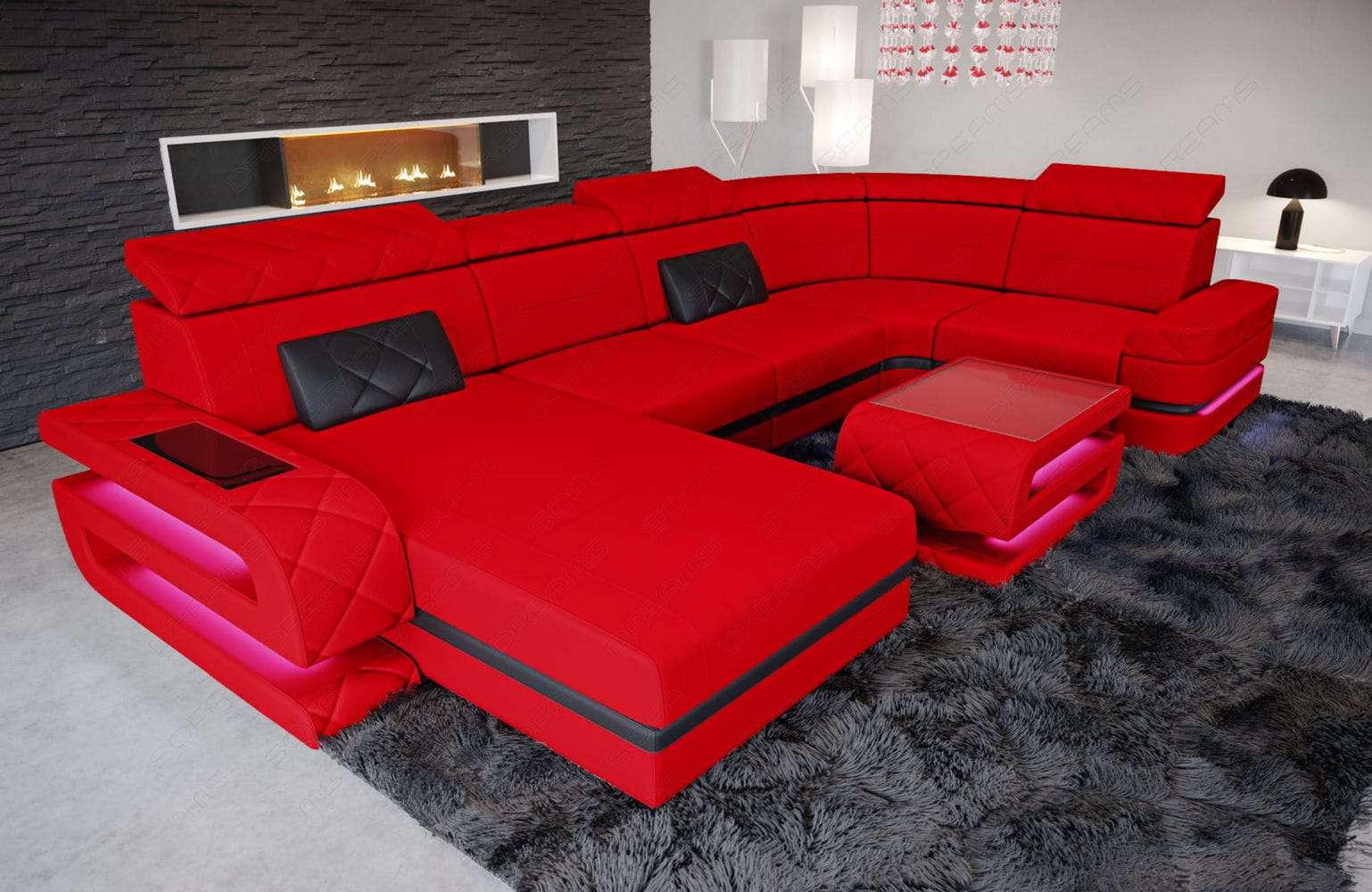 Couchlandschaft Bologna U Form in Stoff rot-schwarz