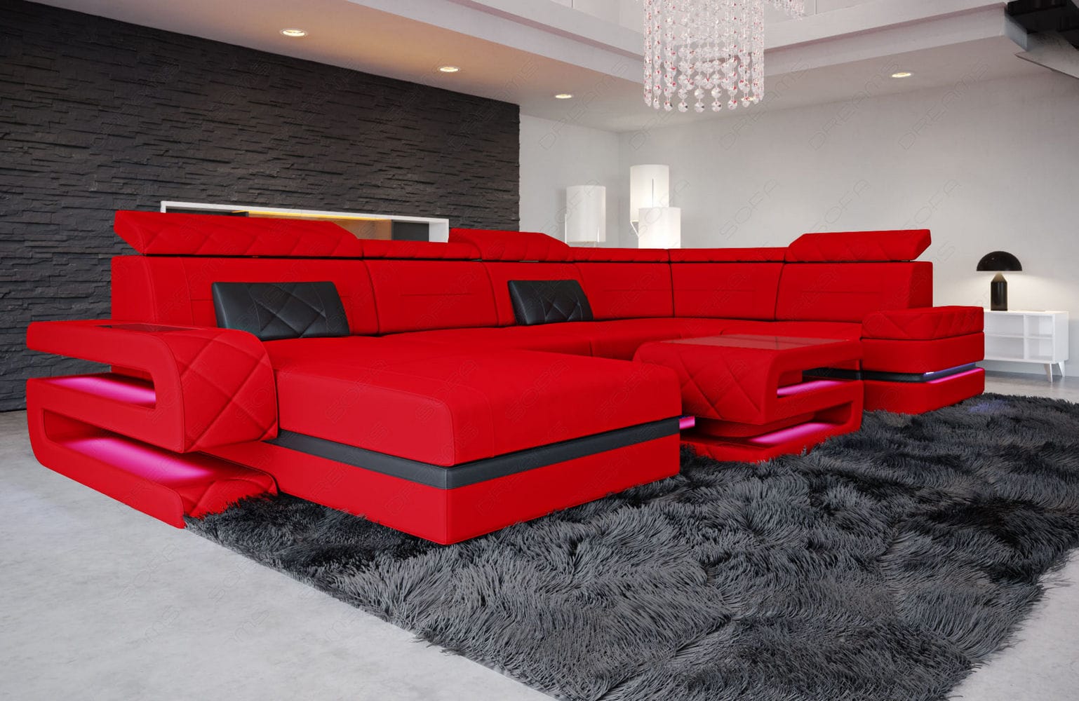 Couchlandschaft Bologna U Form in Stoff rot-schwarz