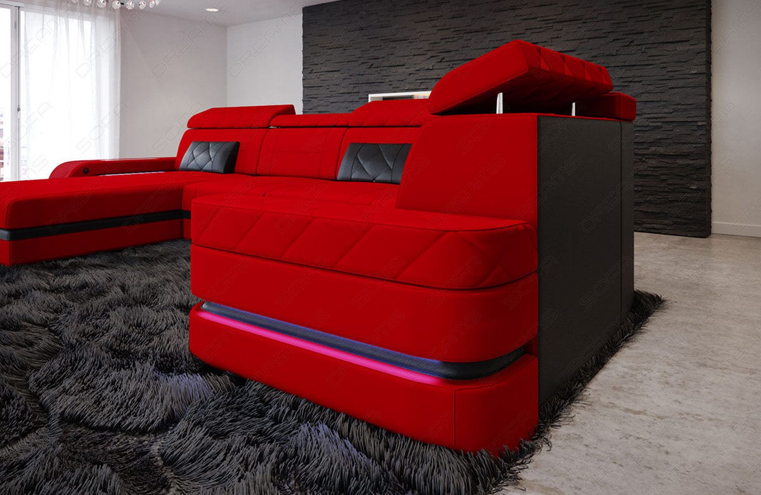 Couchlandschaft Bologna U Form in Stoff rot-schwarz