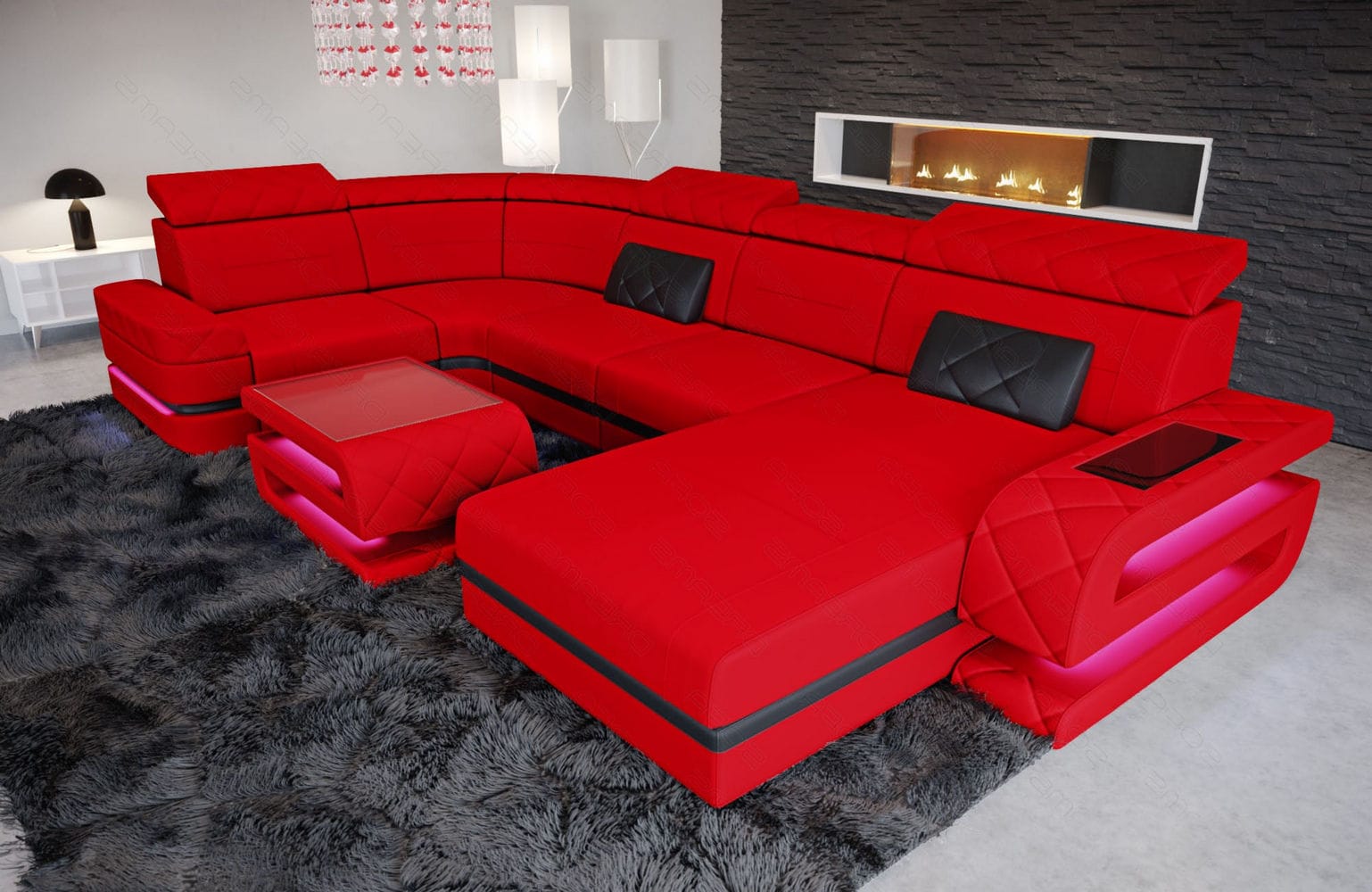 Couchlandschaft Bologna U-Form in Stoff rot-schwarz